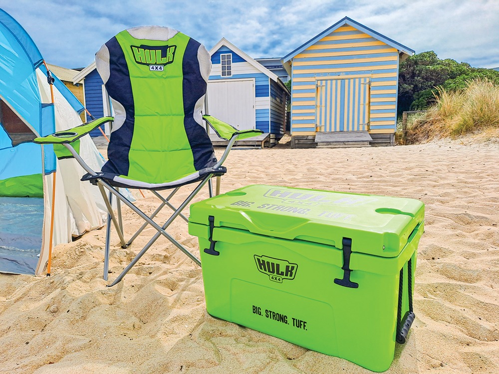 Hulk 4x4 Camping Chair and Ice Cooler Box at the beach